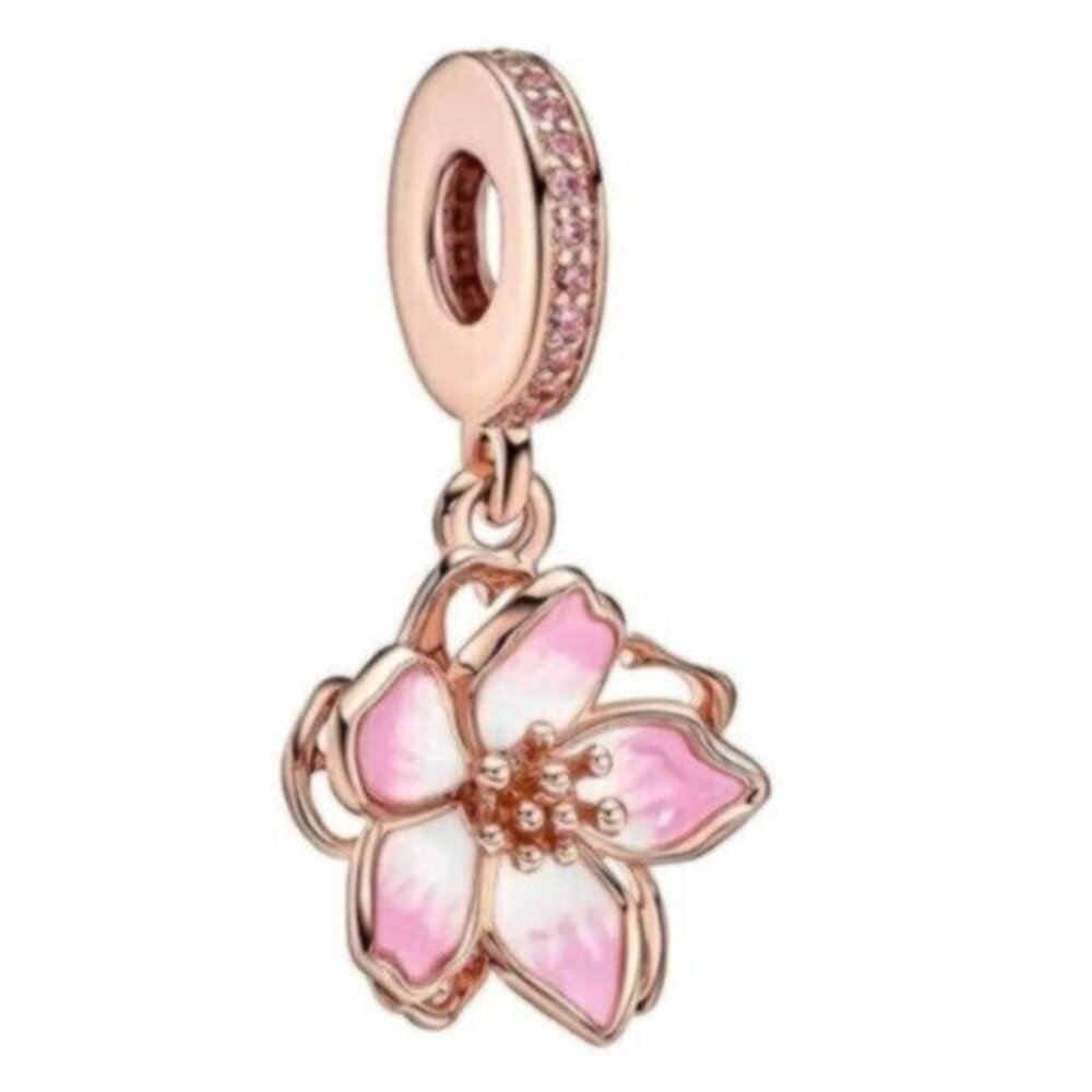 Rose Gold Plated Cherry Blossom Dangle Charm Fits Pandora Charm Bracelets
